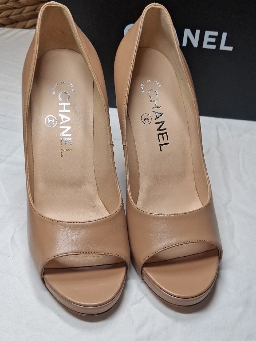 CHANEL Beige Leather Peep-Toe Pumps with Embellished Block Heel - Picture 7 of 12
